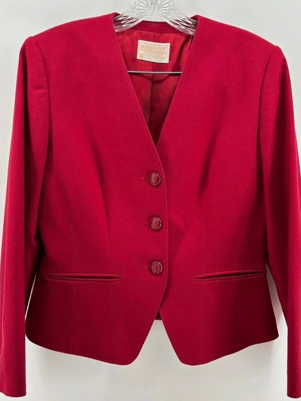 Vintage Pendleton Red Virgin Wool Collarless Blazer Jacket Size 8